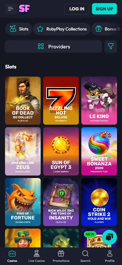Spinfever Casino games screen on a mobile device