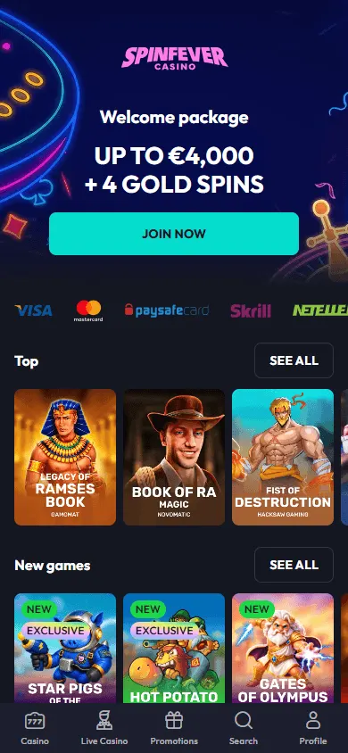 Spinfever Casino home screen on a mobile device