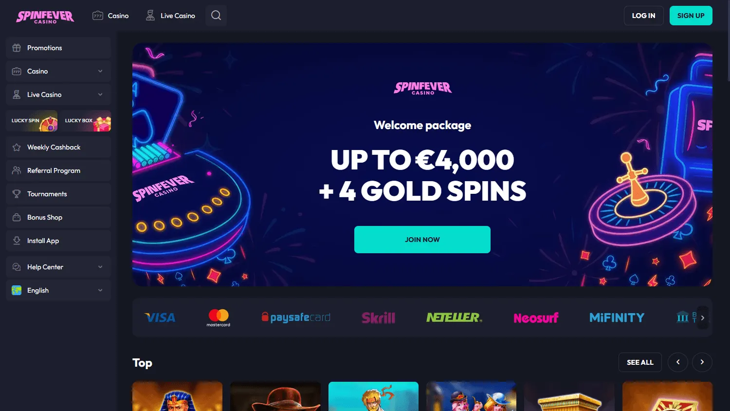 Spinfever Casino home screen on desktop
