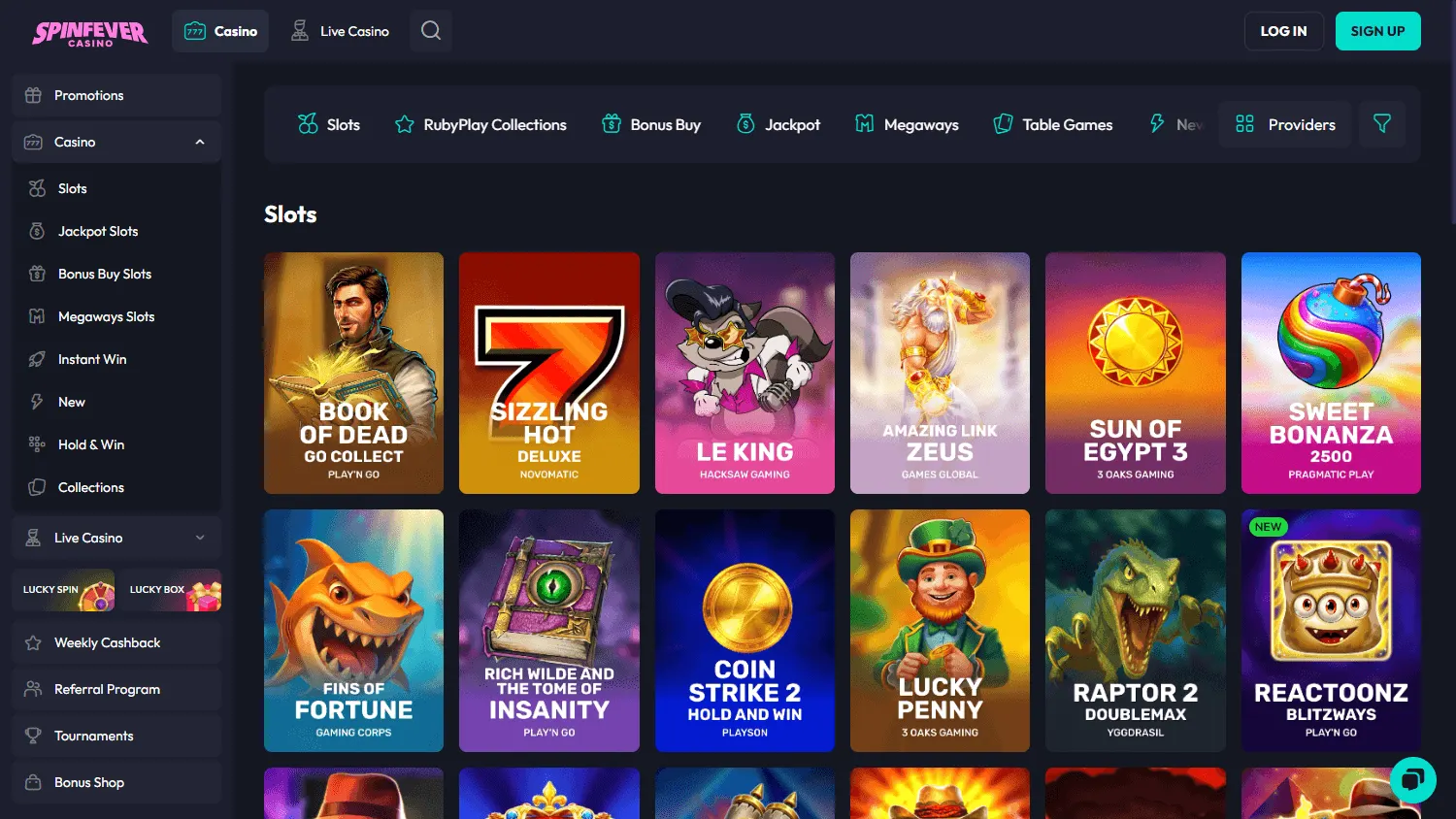 Spinfever Casino games screen on desktop