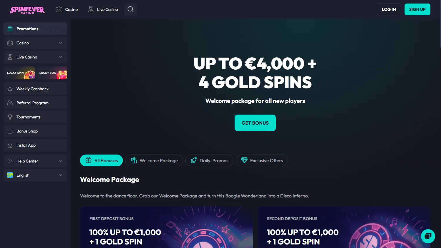 Spinfever Casino promotions screen on desktop