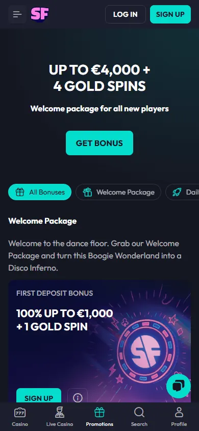 Spinfever Casino promotions screen on a mobile device